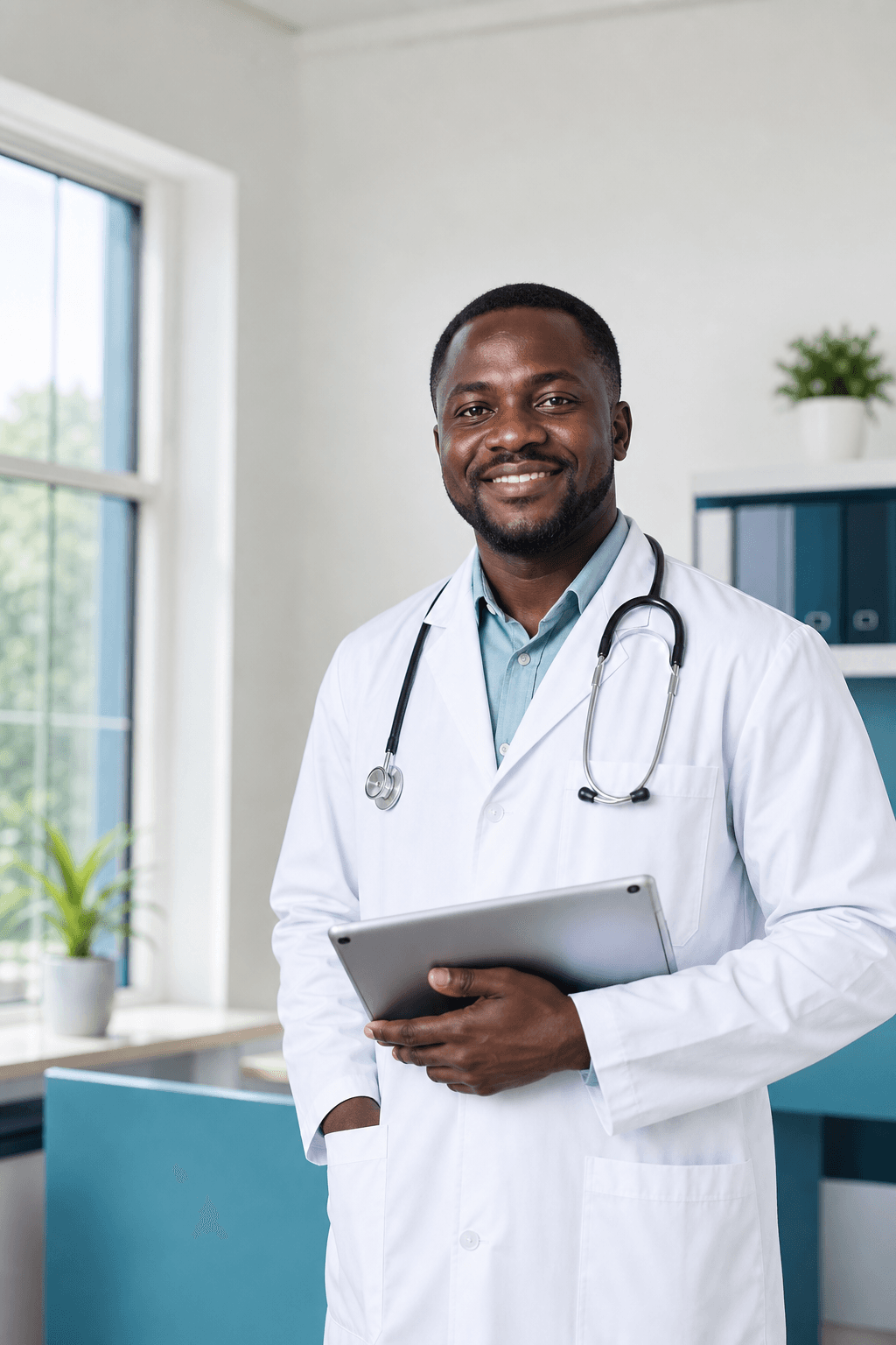 Tanzanian male doctor in a white coat